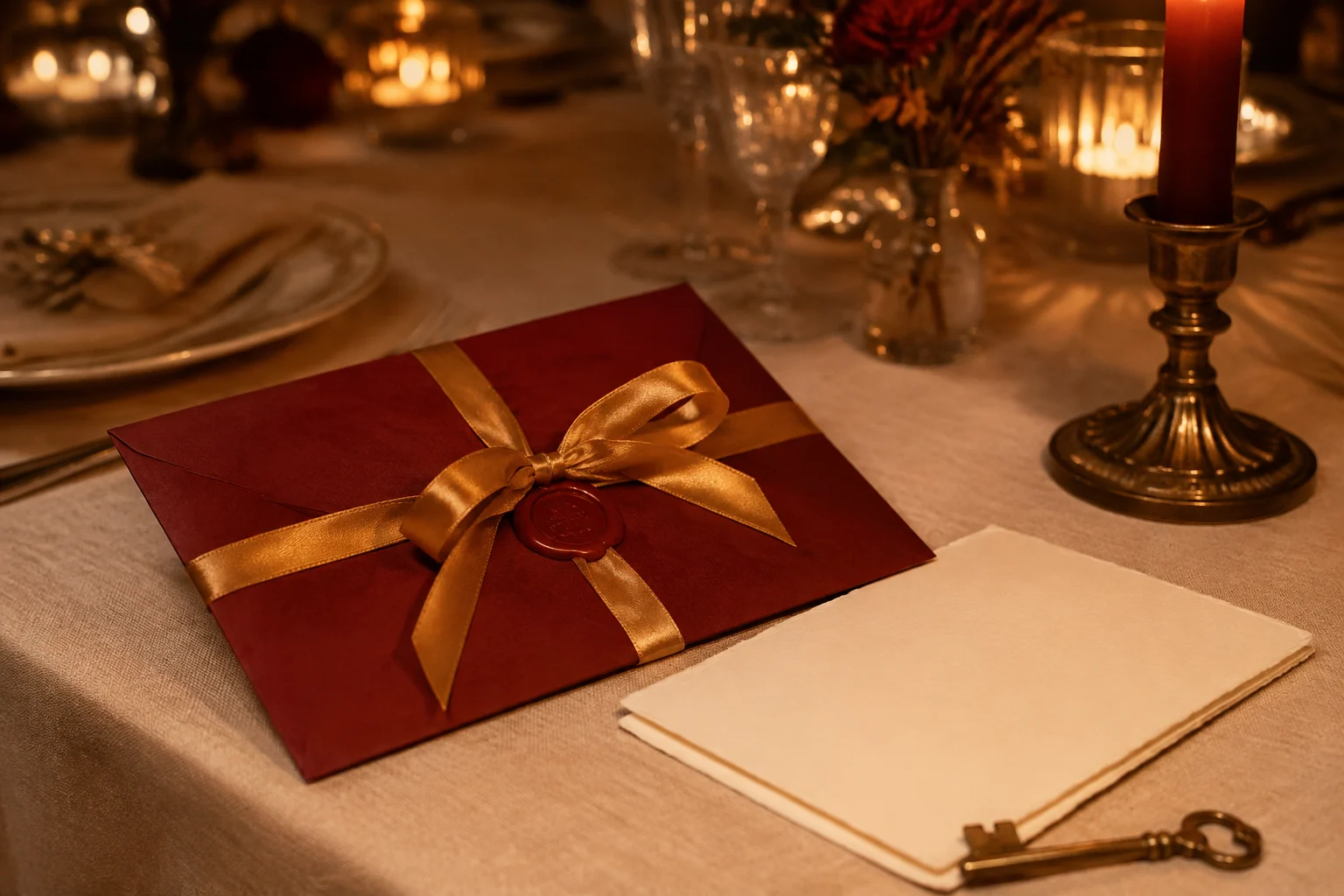 Roter Geschenkumschlag mit goldenem Band auf einer festlich gedeckten Tafel