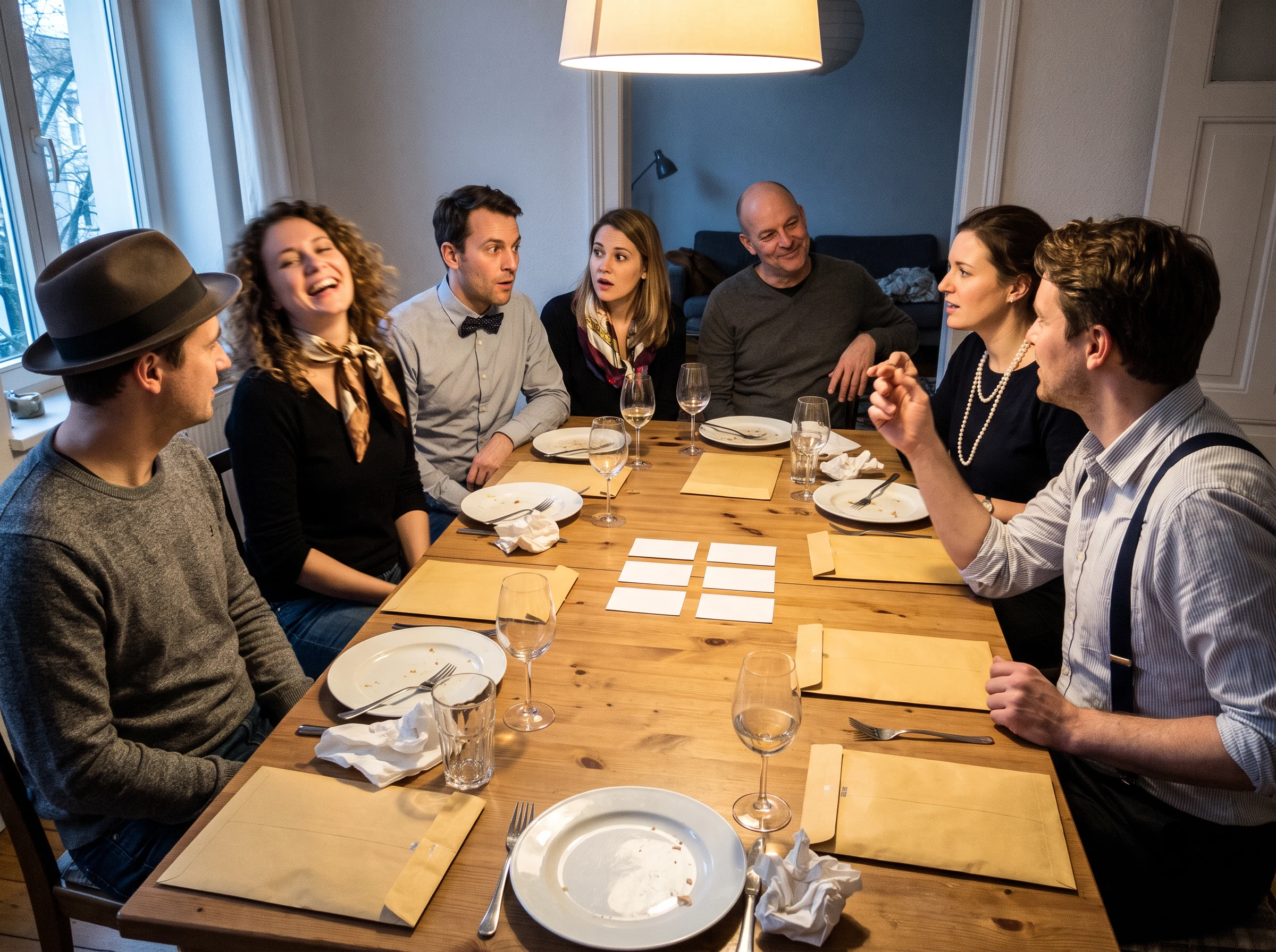 Altersgemischte Gruppe beendet lachend einen Krimiabend in einem Wohn-Esszimmer