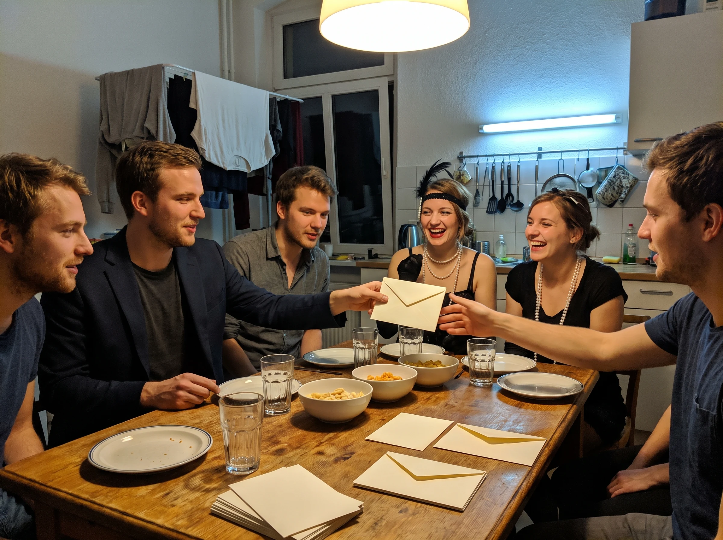 Junge Freundesrunde in einer kleinen Küche, die gemeinsam einen Umschlag öffnet