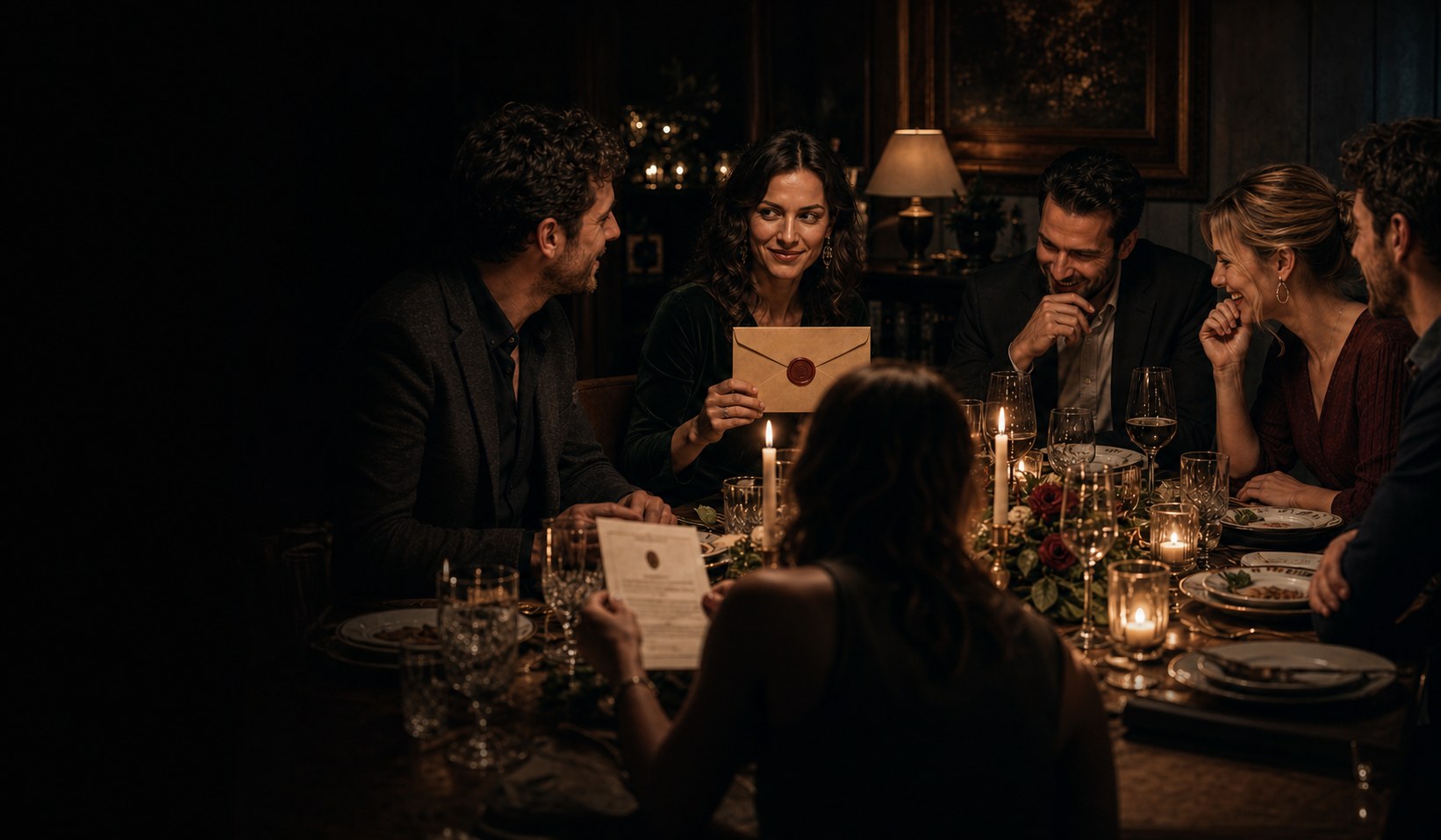 Freunde erleben gemeinsam einen stimmungsvollen Krimiabend am gedeckten Tisch