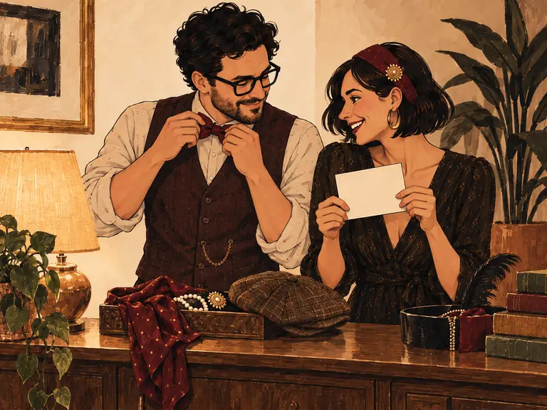 KI-generierte Illustration: Zwei Freunde schlüpfen in ihre Krimidinner-Rollen.