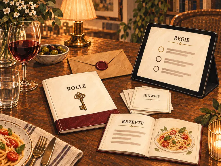 Ein aufgeschlagenes Rezeptheft und ein Teller Pasta ergänzen Rollenheft, Hinweiskarten und digitale Regie auf dem gedeckten Tisch.