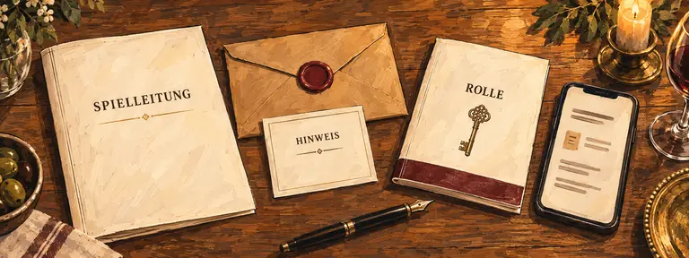 KI-generierte Illustration: Rollenheft, Hinweise und Spielleitung gehören zusammen.