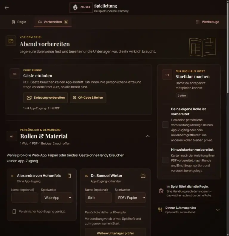 Aktuelle Host-Webapp: Abend vorbereiten, Gäste einladen und Web-App oder PDF je Rolle auswählen
