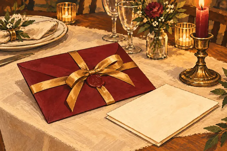 Warm gezeichneter Geschenkumschlag mit goldenem Band und einer persönlichen Karte auf einem Tisch bei Kerzenlicht.