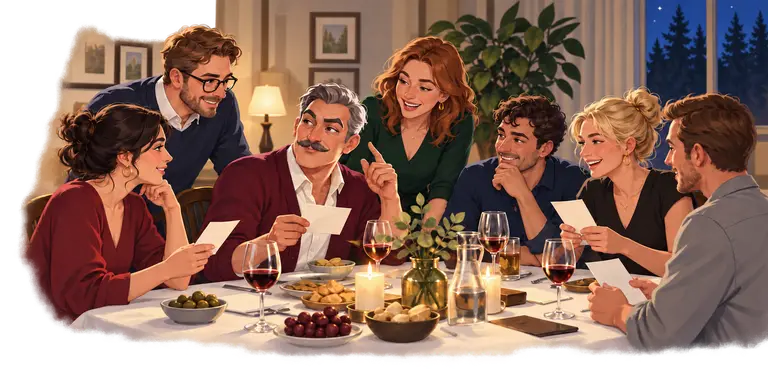 Illustration: 7 Erwachsene tauschen beim Krimidinner am Tisch Hinweise aus.