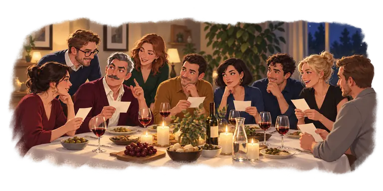 Illustration: 9 Erwachsene tauschen beim Krimidinner am Tisch Hinweise aus.