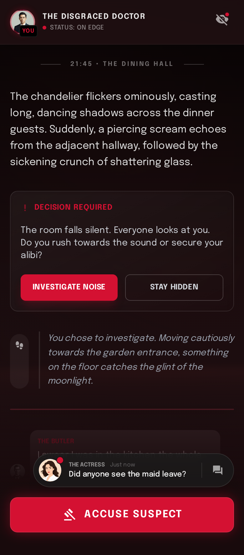 Spieleransicht mit Hinweisen und Entscheidungen