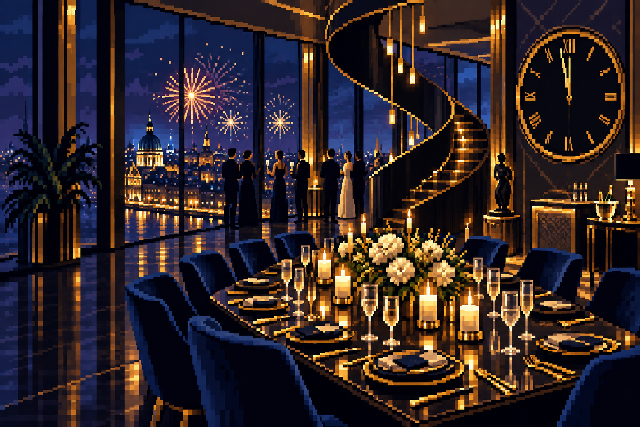 Titelillustration: Silvestergala über der nächtlichen Stadt in grober Pixel-Art