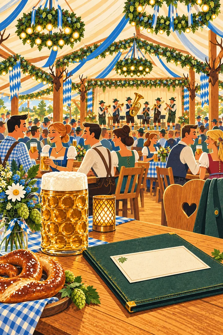 Titelillustration: Lebhafte Festzeltrunde im grafischen Retro-Stil
