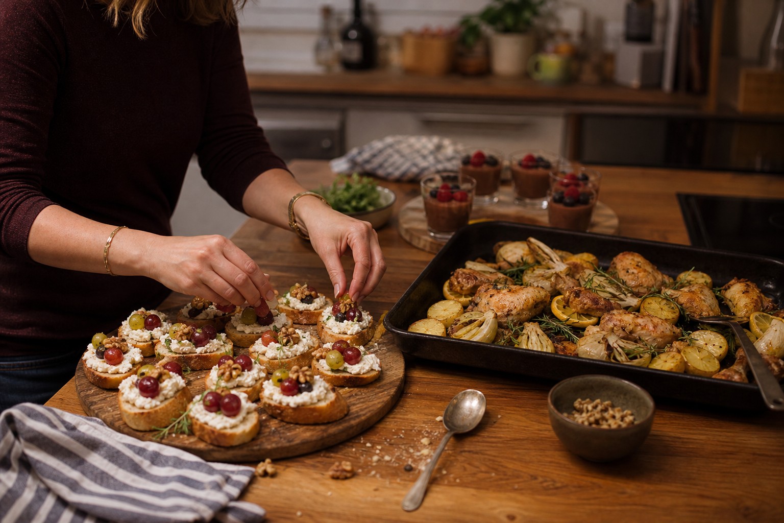 Eine Gastgeberin richtet in einer belebten Küche Crostini an; daneben stehen Zitronenhähnchen und Schokocreme bereit.
