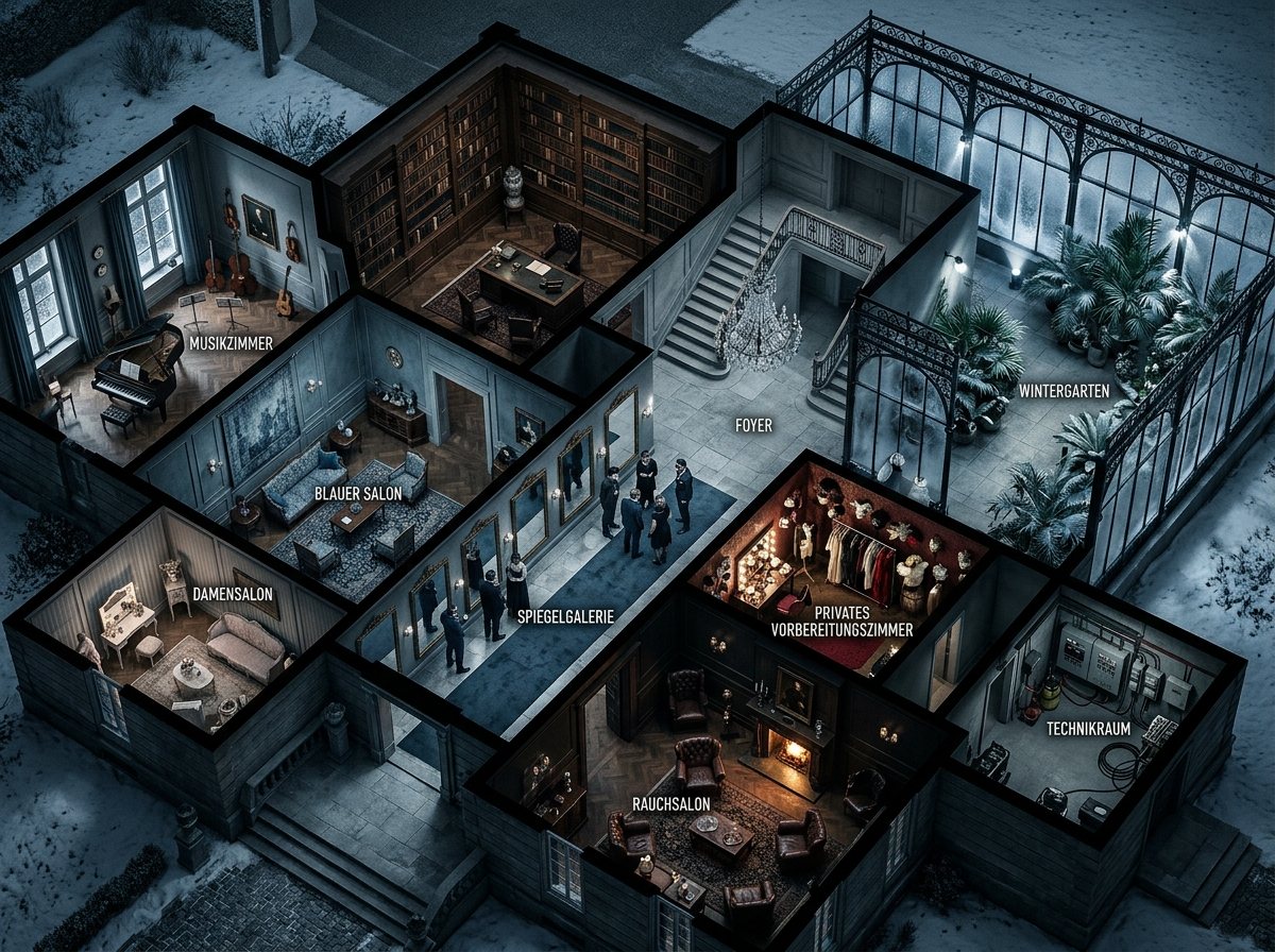 Spoilerarmer Lageplan der Villa