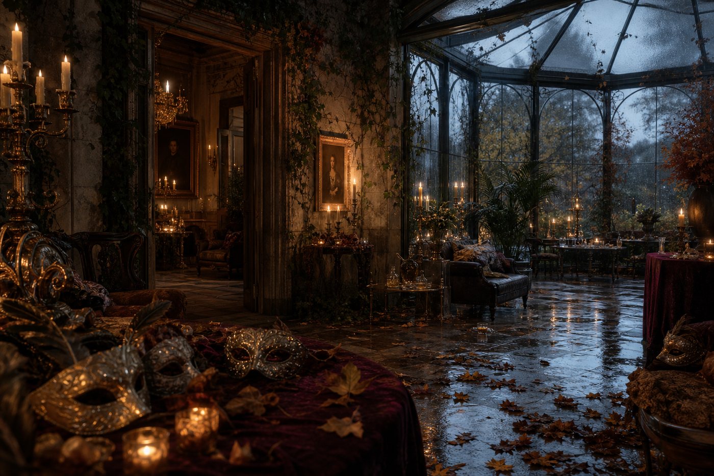 Leerer Wintergarten eines Herrenhauses nach dem Maskenball